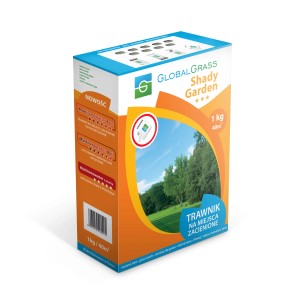 Opakowanie nasion trawy GlobalGrass Shady Garden, odpowiednie do miejsc zacienionych.