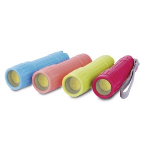 Cztery kolorowe latarki LED t.b.t. w kolorach niebieskim, różowym, żółtym i magenta z paskiem na nadgarstek.