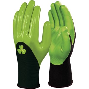 Zielone rękawice ogrodowe z czarnym mankietem i logo koniczyny. Idealne do prac w ogrodzie.