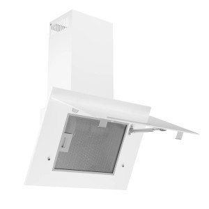 Biały okap ścienny t.b.t. z otwartą klapką filtra.