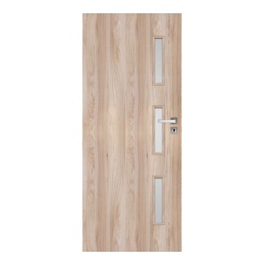 Nowoczesne drzwi wewnętrzne z efektem drewna i trzema wąskimi wstawkami szklanymi.