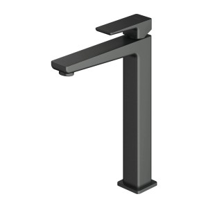 Czarna bateria umywalkowa t.b.t. o nowoczesnym, kwadratowym designie.