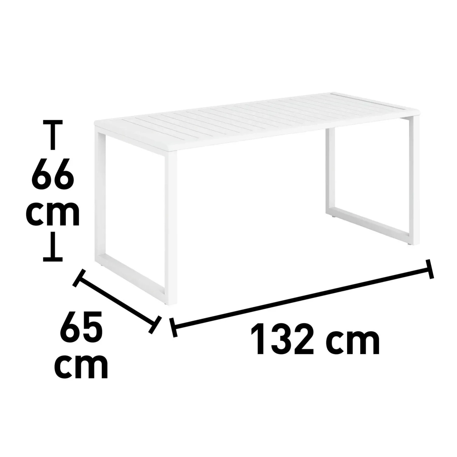 Wymiary białego stołu ogrodowego z zestawu mebli ogrodowych t.b.t.: 132x65x66 cm.