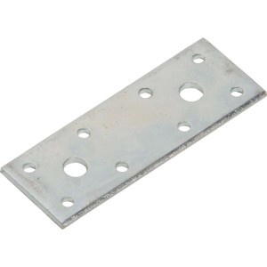Płaski łącznik ocynkowany, 100x35 mm, z otworami do mocowania mebli.