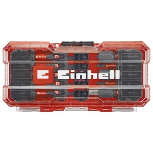 Zestaw bitów udarowych Einhell, 28 elementów w przezroczystym czerwonym etui z bitami i nasadkami.