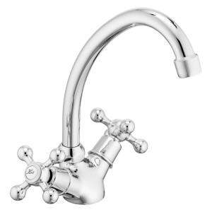 Błyszcząca bateria dwuuchwytowa do umywalki, klasyczny design.