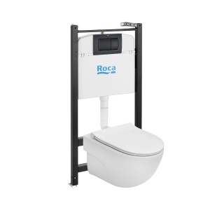 Zestaw WC wiszącego ze spłuczką i czarną ramą.