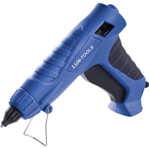 Niebieski pistolet do kleju na gorąco LUX Comfort HKP-100/12 z blokadą kapania i stojakiem.