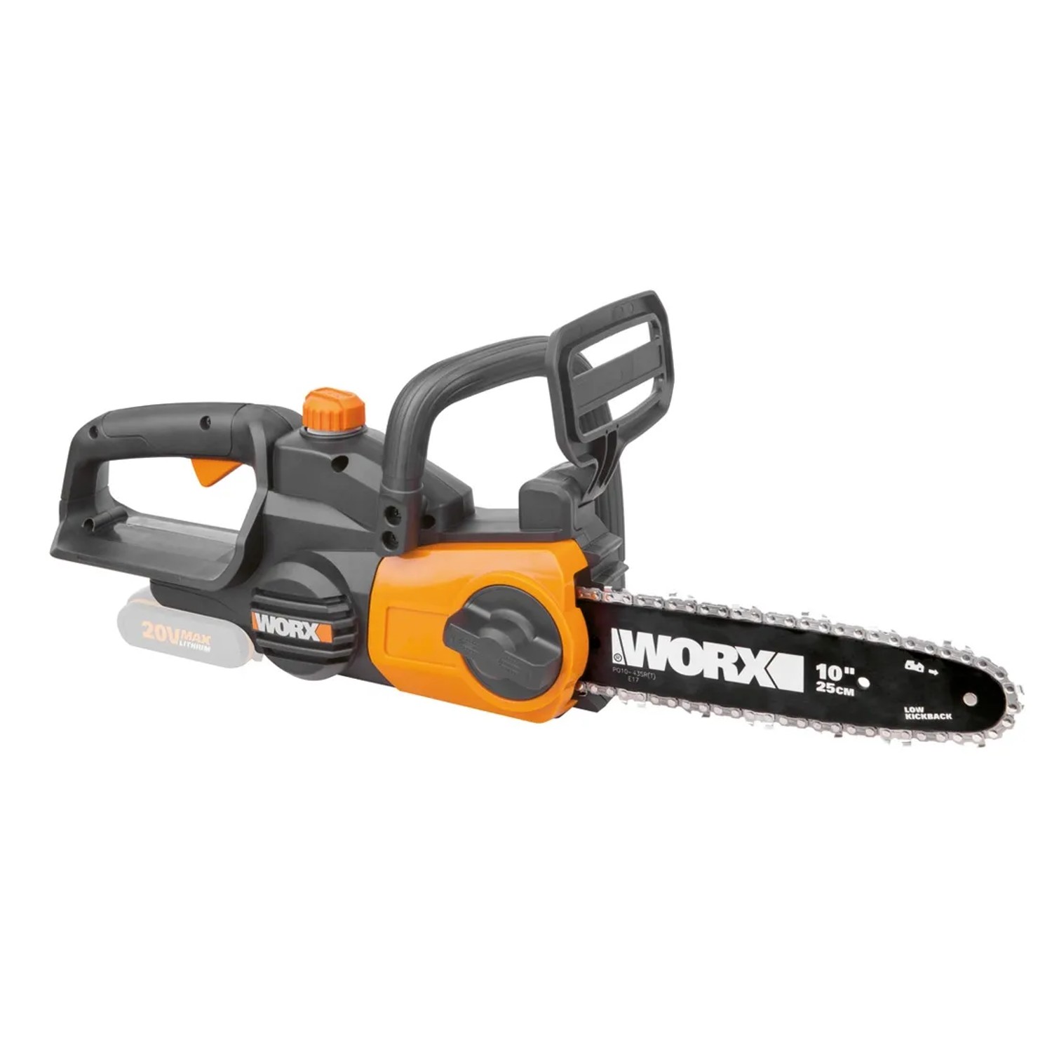 Akumulatorowa pilarka łańcuchowa Worx WG322E.9 Solo, 20V, z pomarańczowymi akcentami.