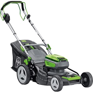 Zestaw akumulatorowej kosiarki LUX 40V z napędem, szerokością koszenia 46 cm i dwoma akumulatorami.