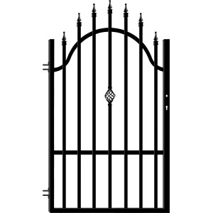 Czarna metalowa furtka ogrodzeniowa t.b.t. z elementami dekoracyjnymi.