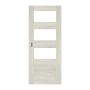 Jasne wewnętrzne drzwi z czterema szklanymi wycięciami w drewnianej ramie.