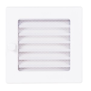 Biała, kwadratowa kratka wentylacyjna do akcesoriów kominkowych z drobną siatką.