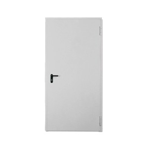 Szare drzwi stalowe z czarną klamką, widok z przodu.