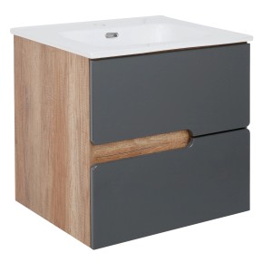 Szafka pod umywalkę t.b.t. z szarymi szufladami i korpusem w kolorze drewna.