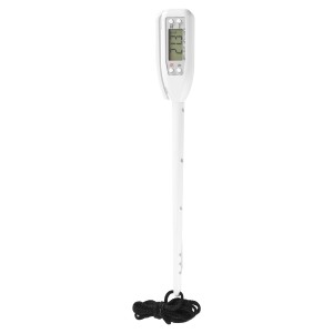 Biały termometr cyfrowy z sondą i czarnym sznurkiem. Kategoria: Termometry.