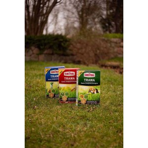 Trzy opakowania nasion trawy Substral na trawniku. Różne odmiany dla każdej potrzeby.