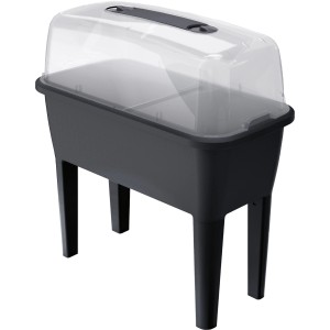 Antracytowy zestaw 4 w 1 podwyższonej grządki z tworzywa sztucznego z przezroczystą pokrywą do uprawy roślin.