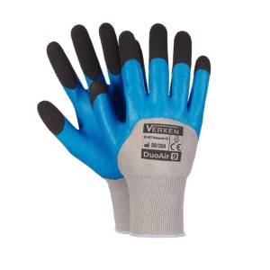 Niebieskie rękawice robocze t.b.t. z czarnymi końcówkami palców i szarym nadgarstkiem.