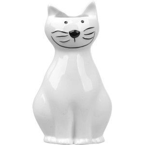 Biała ceramiczna figurka kota, idealna jako nawilżacz powietrza lub dekoracja.