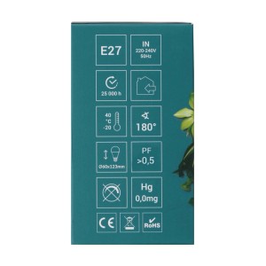 Opakowanie żarówki LED E27 z danymi technicznymi, takimi jak żywotność 25 000 godzin i kąt świecenia 180°.