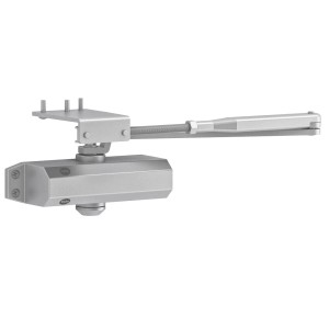 Srebrny samozamykacz do drzwi z płytą montażową i ramieniem.