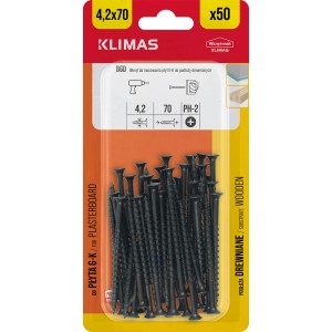 Wkręty Klimas 4,2x70 mm, 50 sztuk, do podłoży drewnianych i płyt gipsowo-kartonowych.