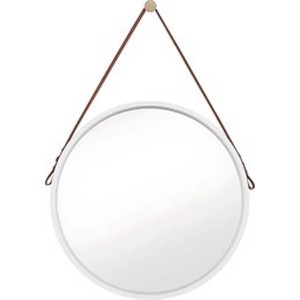 Okrągłe lustro z białą ramą i brązowym paskiem. Kategoria: Lustra.