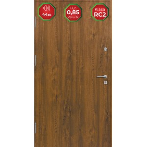 Brązowe drzwi zewnętrzne z efektem drewna, izolacja akustyczna 44dB, współczynnik U 0,85 i klasa bezpieczeństwa RC2.