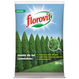 Nawóz do iglaków Florovit, worek 20 kg z ilustracją żywopłotu z tui. Dla zdrowego wzrostu.