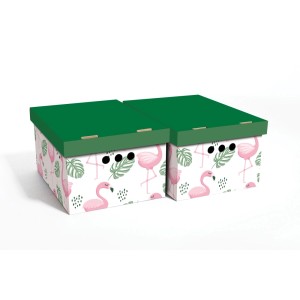 Dwa dekoracyjne pudełka kartonowe z flamingami i zielonymi pokrywkami. Idealne do przechowywania.
