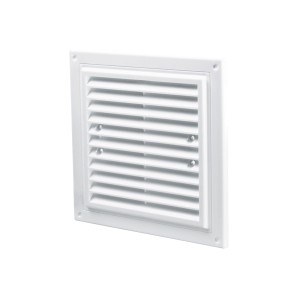 Biała, kwadratowa kratka wentylacyjna do montażu na ścianie.
