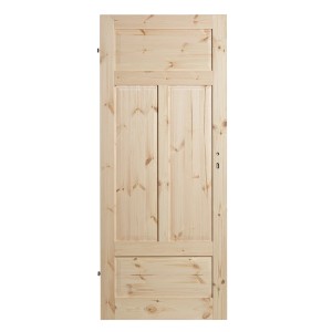 Surowe drzwi wewnętrzne z sosny, nieobrobione, z trzema wypełnieniami.
