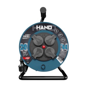 Przedłużacz na bębnie, niebieski, z czterema gniazdami i kablem 20 m.