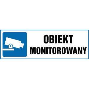 Znak informacyjny: Obiekt monitorowany. Niebiesko-biały znak ostrzegawczy.