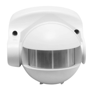 Biały czujnik ruchu t.b.t. do użytku zewnętrznego.