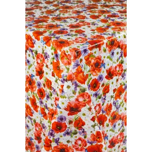Obrus ze wzorem maków, idealny na stół w jadalni.