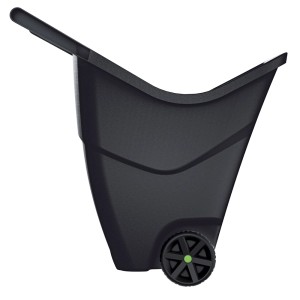 Czarna taczka do prac ogrodowych, widok z boku.