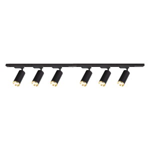 Czarny system szynowy z sześcioma reflektorami do elastycznego oświetlenia.