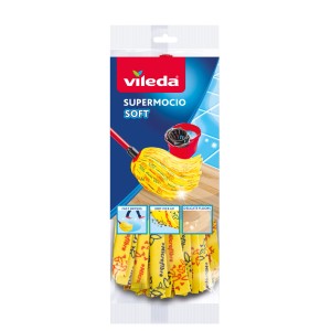 Vileda SuperMocio Soft mop do delikatnych podłóg. Żółty mop z czerwoną rączką.