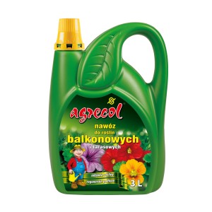 Zielona butelka nawozu płynnego do kwiatów balkonowych, marka Agrecol.