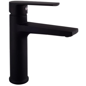 Czarna bateria umywalkowa t.b.t. do nowoczesnych łazienek.