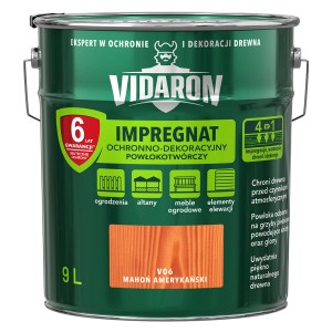 Ciemnozielona puszka impregnatu do drewna Vidaron, kolor mahoń. Do ogrodzeń, mebli ogrodowych i innych.