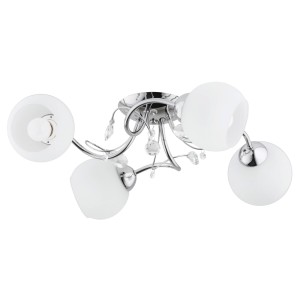 Lampa sufitowa t.b.t. z czterema białymi kloszami kulistymi i chromowaną ramą.
