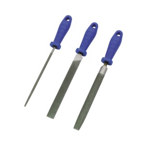 Zestaw pilników LUX, 3-częściowy, 200 mm, Classic: pilnik płaski, okrągły i półokrągły z niebieską rączką.