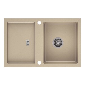 Beżowy zlewozmywak granitowy t.b.t. z ociekaczem i dwiema komorami.