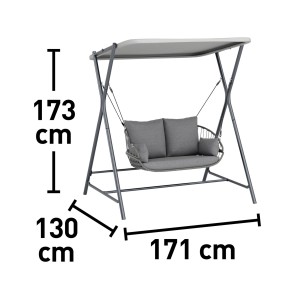 Szara huśtawka ogrodowa t.b.t. z daszkiem i wymiarami.