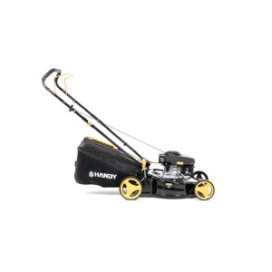 Kosiarka spalinowa, czarna z żółtymi akcentami.