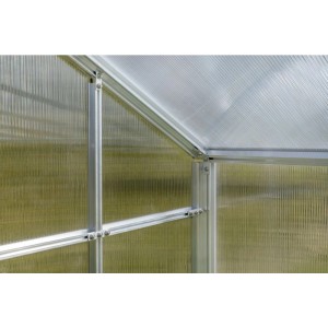 Zbliżenie szklarni Terrando Sanus: Rama aluminiowa, płyty dwuścienne, konstrukcja dachu.