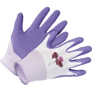 Liliowe rękawice ogrodowe LUX rozmiar 7 z powłoką lateksową i kwiatowym nadrukiem.